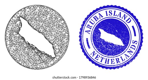 Mesh subtracted round Aruba Island map and grunge seal stamp. Aruba Island map is subtracted from a round stamp seal. Web mesh vector Aruba Island map in a circle. Blue rounded scratched seal.
