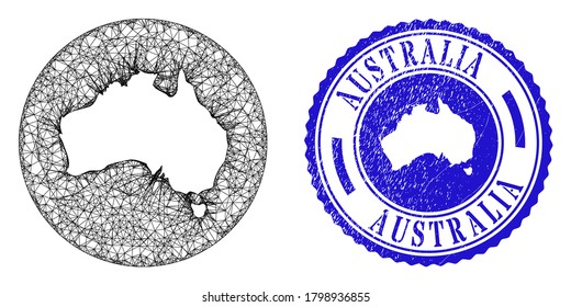 Mesh subtracted round Australia map and scratched stamp. Australia map is a hole in a round stamp seal. Web mesh vector Australia map in a circle. Blue round grunge seal stamp.