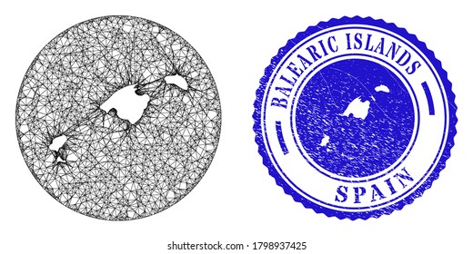 Mesh subtracted round Balearic Islands map and scratched seal stamp. Balearic Islands map is a hole in a round stamp seal. Web carcass vector Balearic Islands map in a circle.