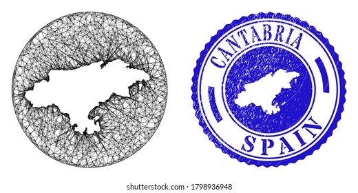 Mesh subtracted round Cantabria Province map and scratched seal. Cantabria Province map is subtracted from a circle stamp seal. Web network vector Cantabria Province map in a circle.
