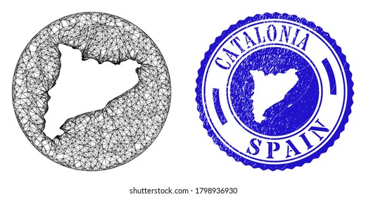Mapa de Cataluña substrato de malla y foca rayada. El mapa de Cataluña es restado de un sello redondo. Mapa de la malla web vector Cataluña en un círculo. Sello de socorro azul redondo.