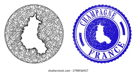 Mesh subtracted round Champagne Province map and grunge seal stamp. Champagne Province map is carved in a circle seal. Web carcass vector Champagne Province map in a circle. Blue round grunge seal.