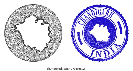 Mesh subtracted round Chandigarh City map and grunge seal stamp. Chandigarh City map is inverted in a round stamp seal. Web carcass vector Chandigarh City map in a circle. Blue round grunge stamp.