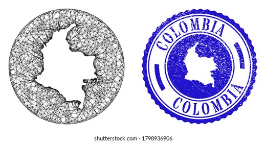 Mesh subtracted round Colombia map and scratched seal stamp. Colombia map is a hole in a round stamp seal. Web net vector Colombia map in a circle. Blue round textured seal stamp.