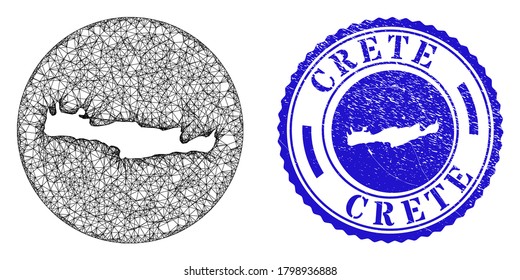 Mesh subtracted round Crete map and grunge seal stamp. Crete map is a hole in a round stamp seal. Web net vector Crete map in a circle. Blue rounded grunge seal stamp.