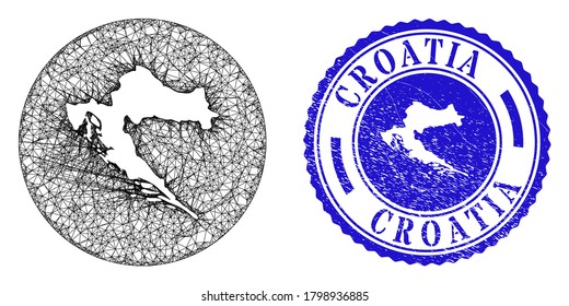 Mesh subtracted round Croatia map and grunge seal. Croatia map is a hole in a circle seal. Web mesh vector Croatia map in a circle. Blue round grunge seal.