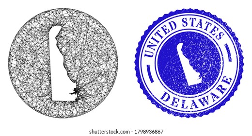Mesh subtrahierte um Delaware State Map und kratzte Stempel. Delaware State Map wird von einem Rundstempelsiegel abgezogen. Web-Netzwerk Vektor Delaware State Karte in einem Kreis.