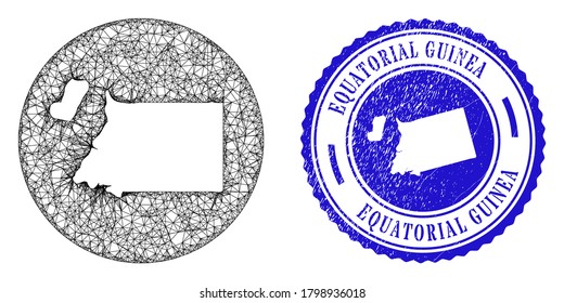 Mesh subtracted round Equatorial Guinea map and scratched seal stamp. Equatorial Guinea map is carved in a round stamp seal. Web net vector Equatorial Guinea map in a circle.