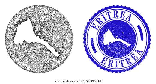 Mesh subtracted round Eritrea map and scratched seal stamp. Eritrea map is stencil in a circle stamp. Web carcass vector Eritrea map in a circle. Blue round scratched seal.