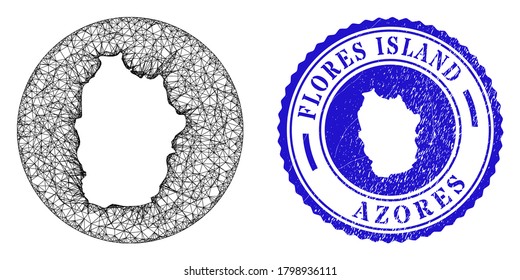 Mesh subtracted round Flores Island of Azores map and scratched seal stamp. Flores Island of Azores map is a hole in a round stamp seal. Web net vector Flores Island of Azores map in a circle.