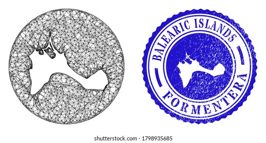 Mesh subtracted round Formentera Island map and grunge seal stamp. Formentera Island map is a hole in a round seal. Web mesh vector Formentera Island map in a circle. Blue round grunge seal stamp.
