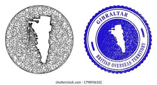 Mesh substrato del mapa de Gibraltar y sello de sello de sello de sello de borrón. El mapa de Gibraltar está tallado en un sello redondo. Mapa de Gibraltar vector de malla web en un círculo. Sello de sello texturizado redondo azul.