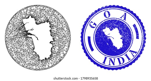 Mesh restó importancia al mapa del estado de Goa y rayó el sello de la foca. El mapa del estado de Goa es un agujero en un sello de círculo. Mapa del estado de Goa del vector de la canal web en un círculo. Sello azul redondo de sellado de socorro.