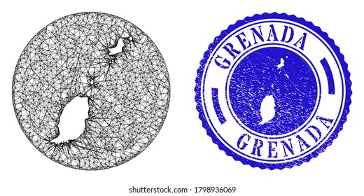 Mesh subtracted round Grenada map and scratched seal stamp. Grenada map is a hole in a round stamp seal. Web carcass vector Grenada map in a circle. Blue round grunge seal stamp.
