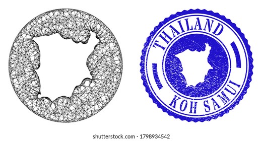 Mesh subtracted round Koh Samui map and scratched seal stamp. Koh Samui map is stencil in a circle seal. Web mesh vector Koh Samui map in a circle. Blue round textured stamp.