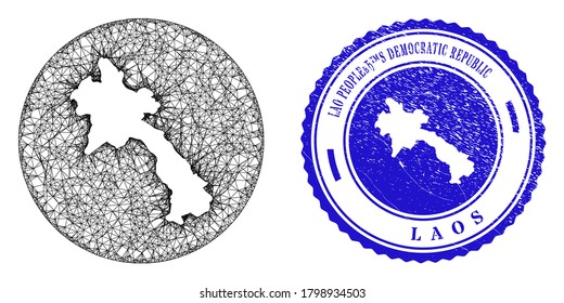 Mesh subtracted round Laos map and grunge stamp. Laos map is inverted in a circle stamp seal. Web net vector Laos map in a circle. Blue round grunge seal stamp.