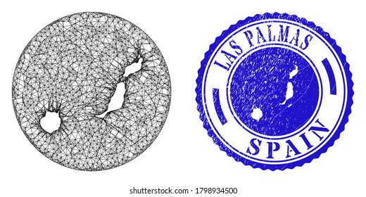 Mesh subtracted round Las Palmas Province map and grunge seal. Las Palmas Province map is carved in a circle stamp seal. Web net vector Las Palmas Province map in a circle. Blue round grunge stamp.