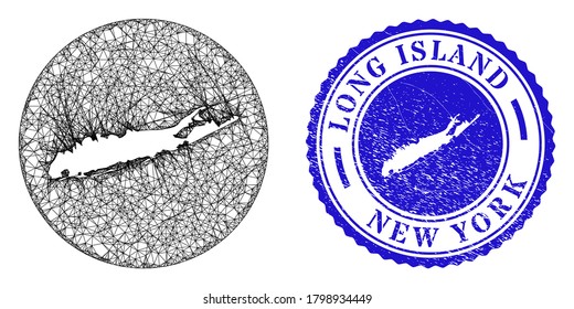 Mesh subtracted round Long Island map and scratched seal stamp. Long Island map is a hole in a circle stamp. Web network vector Long Island map in a circle. Blue round textured seal stamp.