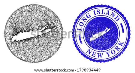 Mesh subtracted round Long Island map and scratched seal stamp. Long Island map is a hole in a circle stamp. Web network vector Long Island map in a circle. Blue round textured seal stamp.