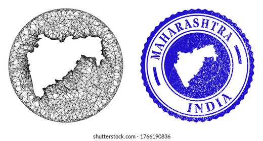 Mesh subtracted round Maharashtra State map and scratched stamp. Maharashtra State map is subtracted from a circle stamp. Web mesh vector Maharashtra State map in a circle. Blue round distress stamp.