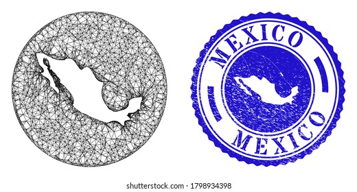 Mesh subtracted round Mexico map and grunge seal stamp. Mexico map is a hole in a circle stamp. Web mesh vector Mexico map in a circle. Blue round grunge stamp.