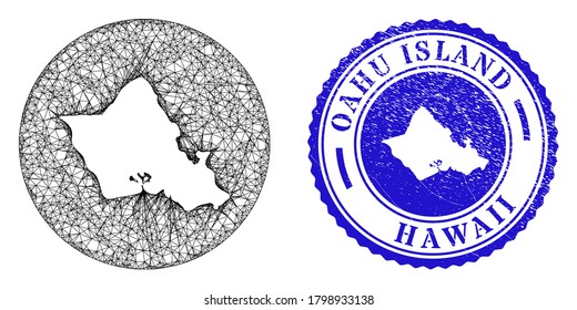 Mesh subtracted round Oahu Island map and scratched stamp. Oahu Island map is a hole in a round stamp seal. Web net vector Oahu Island map in a circle. Blue round scratched seal.