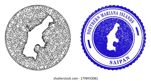 Mesh subtracted round Saipan Island map and grunge seal stamp. Saipan Island map is a hole in a round seal. Web network vector Saipan Island map in a circle. Blue round textured seal stamp.