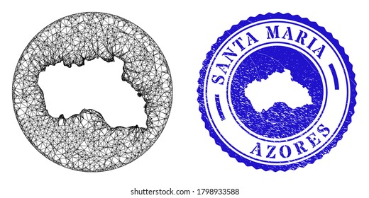 Mesh subtracted round Santa Maria Island map and grunge stamp. Santa Maria Island map is inverted in a round stamp seal. Web mesh vector Santa Maria Island map in a circle.