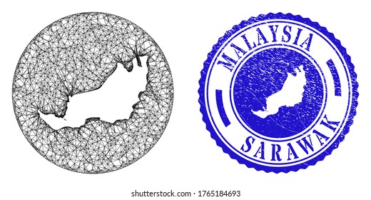 Mesh subtracted round Sarawak State map and grunge seal stamp. Sarawak State map is a hole in a round stamp seal. Web carcass vector Sarawak State map in a circle. Blue round grunge seal stamp.