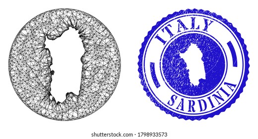 Mesh subtracted round Sardinia map and scratched stamp. Sardinia map is inverted in a round stamp seal. Web network vector Sardinia map in a circle. Blue round scratched seal.