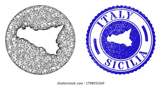 Mesh subtracted round Sicilia map and scratched seal stamp. Sicilia map is subtracted from a circle stamp seal. Web carcass vector Sicilia map in a circle. Blue round textured seal stamp.