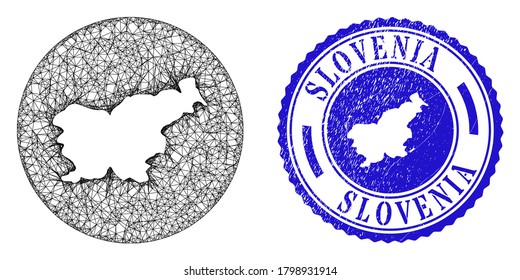Maqueta restada alrededor del mapa de Eslovenia y sello de sello de sello grunge. El mapa de Eslovenia se retira del sello de un círculo. Mapa en círculo del vector de red web Eslovenia. Sello azul redondo de sellado de socorro.