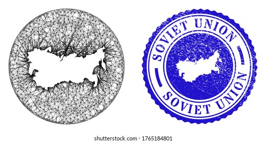 Mesh subtracted round Soviet Union map and scratched stamp. Soviet Union map is stencil in a circle stamp seal. Web carcass vector Soviet Union map in a circle. Blue round grunge seal stamp.