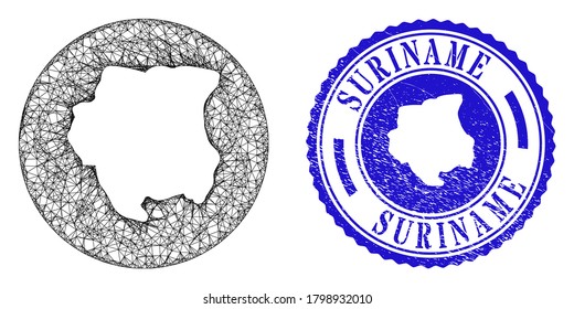 Mesh subtracted round Suriname map and scratched stamp. Suriname map is a hole in a circle stamp seal. Web carcass vector Suriname map in a circle. Blue round scratched seal stamp.