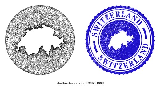 Mesh subtracted round Switzerland map and scratched seal. Switzerland map is a hole in a circle stamp seal. Web mesh vector Switzerland map in a circle. Blue round distress stamp.