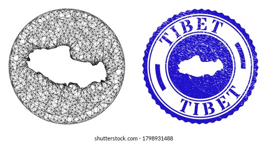 Mesh subtrahierte um Tibet-Karte und Grunge-Siegel. Die Tibet-Karte wird von einer Kreisdichtung abgezogen. Web-Mesh-Vektor Tibet Karte in einem Kreis. Blaues, abgerundetes Grunge-Siegel.