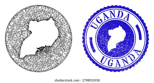 Mesh subtracted round Uganda map and scratched seal stamp. Uganda map is a hole in a round stamp seal. Web network vector Uganda map in a circle. Blue rounded textured seal stamp.