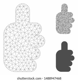 Mesh success gesture model with triangle mosaic icon. Wire carcass triangular mesh of success gesture. Vector collage of triangle parts in different sizes, and color hues.