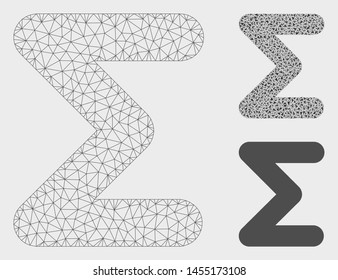 Mesh sum model with triangle mosaic icon. Wire carcass triangular mesh of sum. Vector composition of triangle parts in various sizes, and color tinges. Abstract 2d mesh sum,