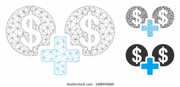 Mesh sum money model with triangle mosaic icon. Wire frame polygonal mesh of sum money. Vector mosaic of triangle parts in variable sizes, and color tinges. Abstract 2d mesh sum money,