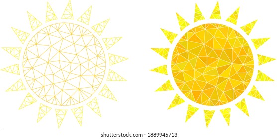 Mesh sun polygonal icon illustrations, filled and carcass versions. Vector net mesh sun icons. Linear carcass and filled 2D net abstract symbols based on sun icon.