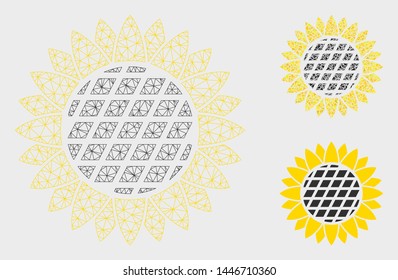 Mesh sunflower flower model with triangle mosaic icon. Wire frame triangular mesh of sunflower flower. Vector composition of triangle parts in different sizes, and color hues.