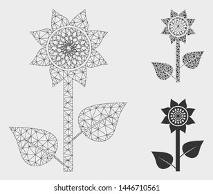 Mesh sunflower plant model with triangle mosaic icon. Wire frame polygonal mesh of sunflower plant. Vector mosaic of triangle elements in variable sizes, and color hues.