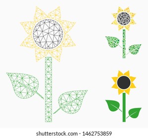 Mesh sunflower plant model with triangle mosaic icon. Wire frame triangular network of sunflower plant. Vector mosaic of triangle parts in various sizes, and color hues.