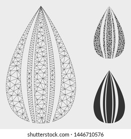 Mesh sunflower seed model with triangle mosaic icon. Wire frame polygonal mesh of sunflower seed. Vector mosaic of triangle elements in variable sizes, and color tones.