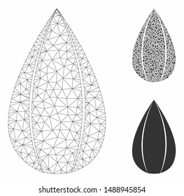 Mesh sunflower seed model with triangle mosaic icon. Wire frame triangular mesh of sunflower seed. Vector mosaic of triangle elements in various sizes, and color tints.