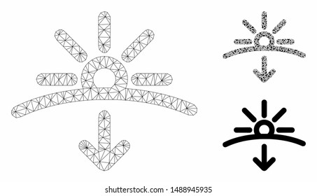 Mesh sunset model with triangle mosaic icon. Wire frame triangular network of sunset. Vector mosaic of triangle parts in various sizes, and color tones. Abstract 2d mesh sunset,