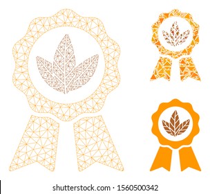 Mesh superior tobacco model with triangle mosaic icon. Wire carcass polygonal mesh of superior tobacco. Vector composition of triangle parts in various sizes, and color hues.