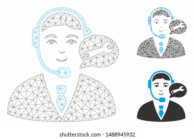 Mesh support center manager model with triangle mosaic icon. Wire frame triangular mesh of support center manager. Vector mosaic of triangles in various sizes, and color tints.