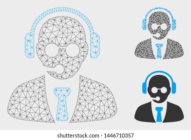 Mesh support manager model with triangle mosaic icon. Wire frame polygonal mesh of support manager. Vector collage of triangle elements in various sizes, and color tinges.